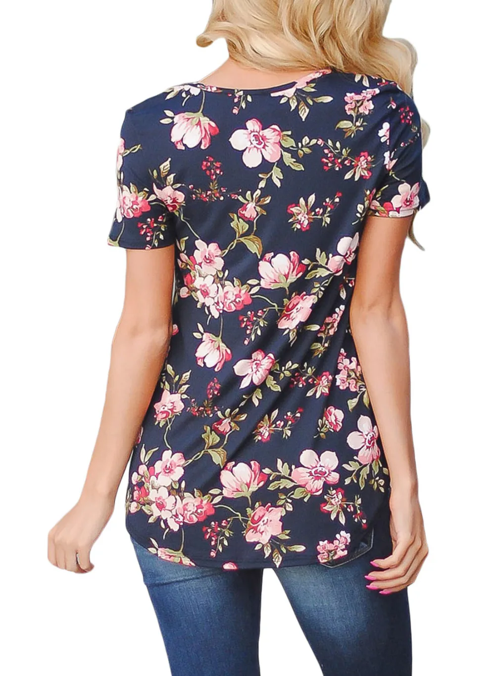 2018 New Arrival Summer Women's Casual White Pink Coffee Baby Blue Super Soft Floral Tee Shirt with Crisscross Neck LGY250050 | Женская