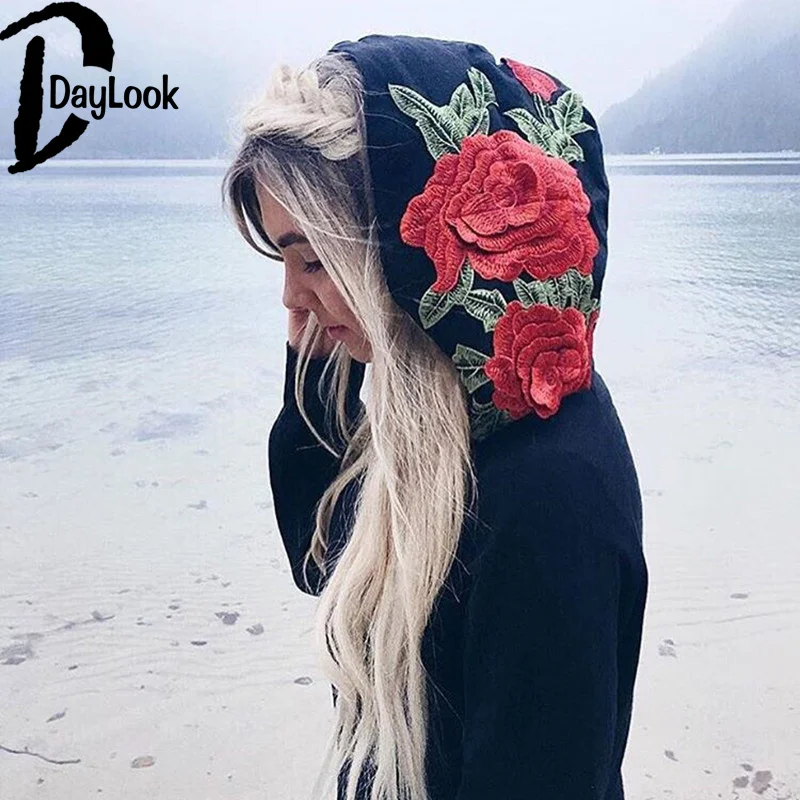 Daylook Chic осень модные женские туфли кофты с длинным рукавом капюшоном черный Blusa Свободные Роза Вышивка