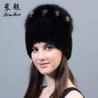real mink fur hat beanies for women winter mink fur hats with luxury big pompom fox fur ball caps female genuine knitted hats