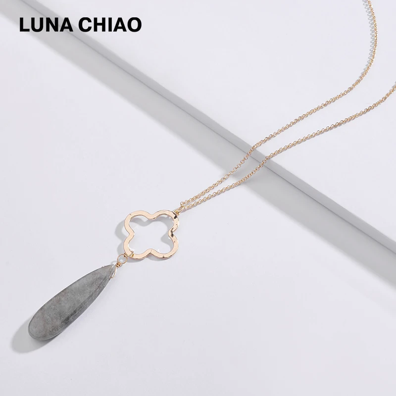LUNA CHIAO 2018 Fall New Arrival Water Drop Natural White Marble Labradorite Stone Long Pendant Necklace for Women | Украшения и