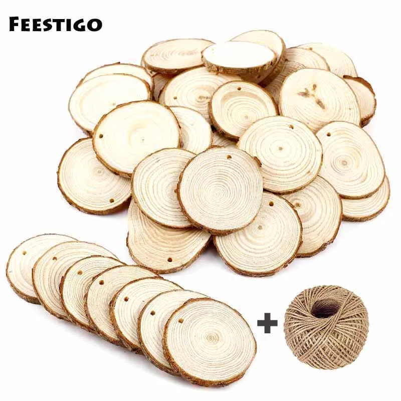 Feestigo 30 шт./лот DIY Деревянные Ломтики для рождественских украшений натуральные круглые деревянные ломтики новогодние елочные украшения