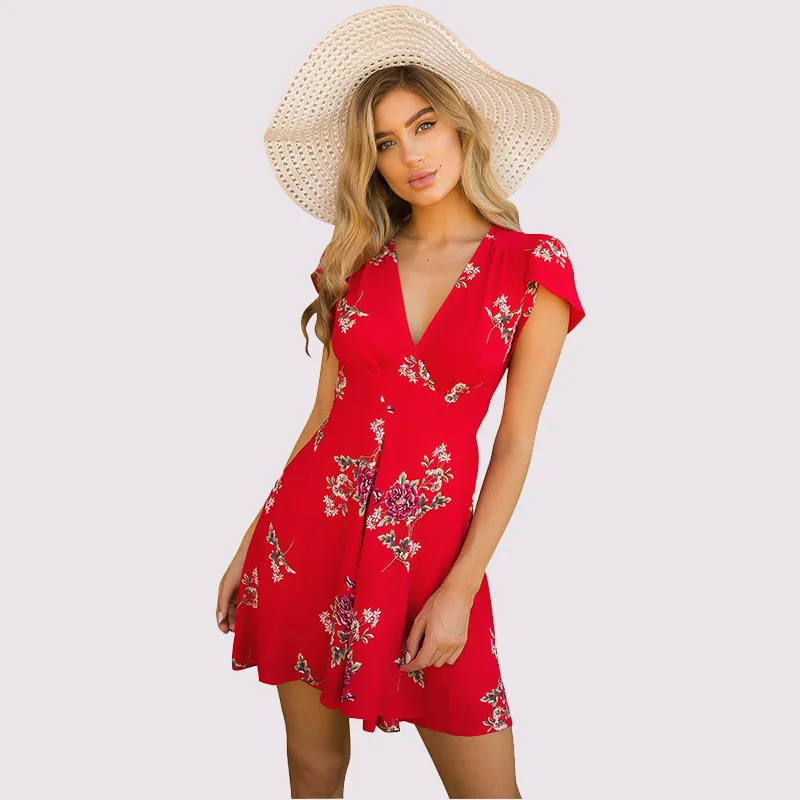 Женские летние платья Boho пляж печати платье Сарафан v-образным вырезом с коротким