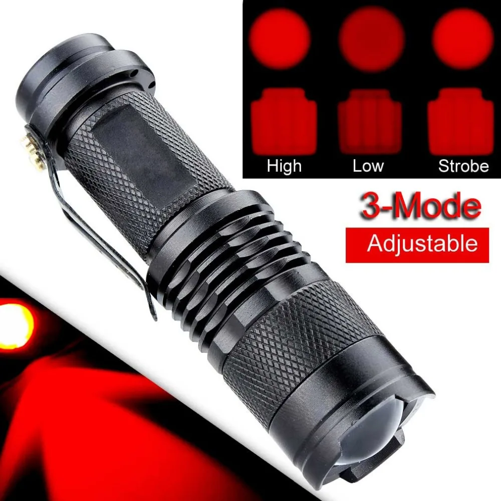 

Powerful led Red Light Flashlight Torch 300 Lumen 7W Mini Portable Zoomable LED Flashlight Touch 3 Modes Camping Lanterna Hiking