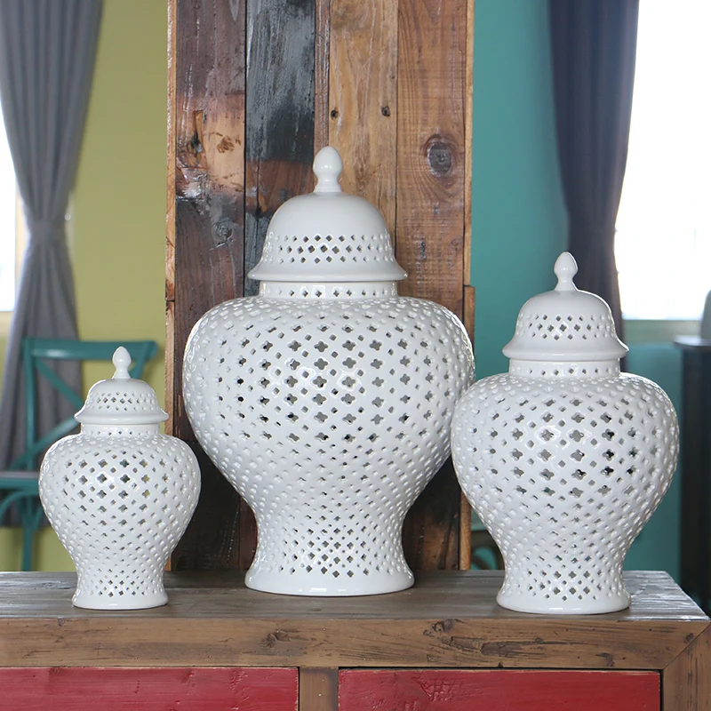 

H50CM European style pure white hollow-out decorative ginger jar