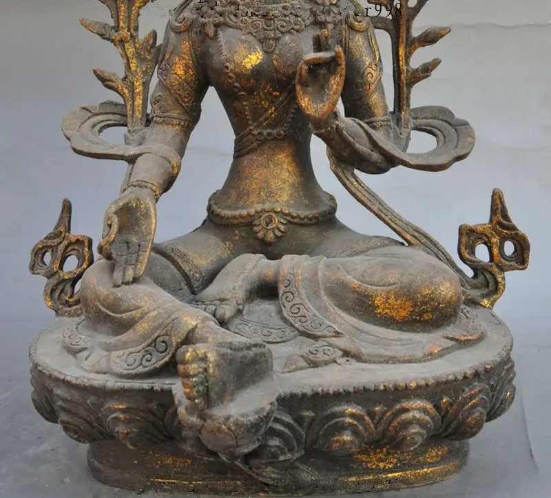 Старая тибетская медная позолоченная Джосс Зеленая Тара Кван-Инь Гуань Инь