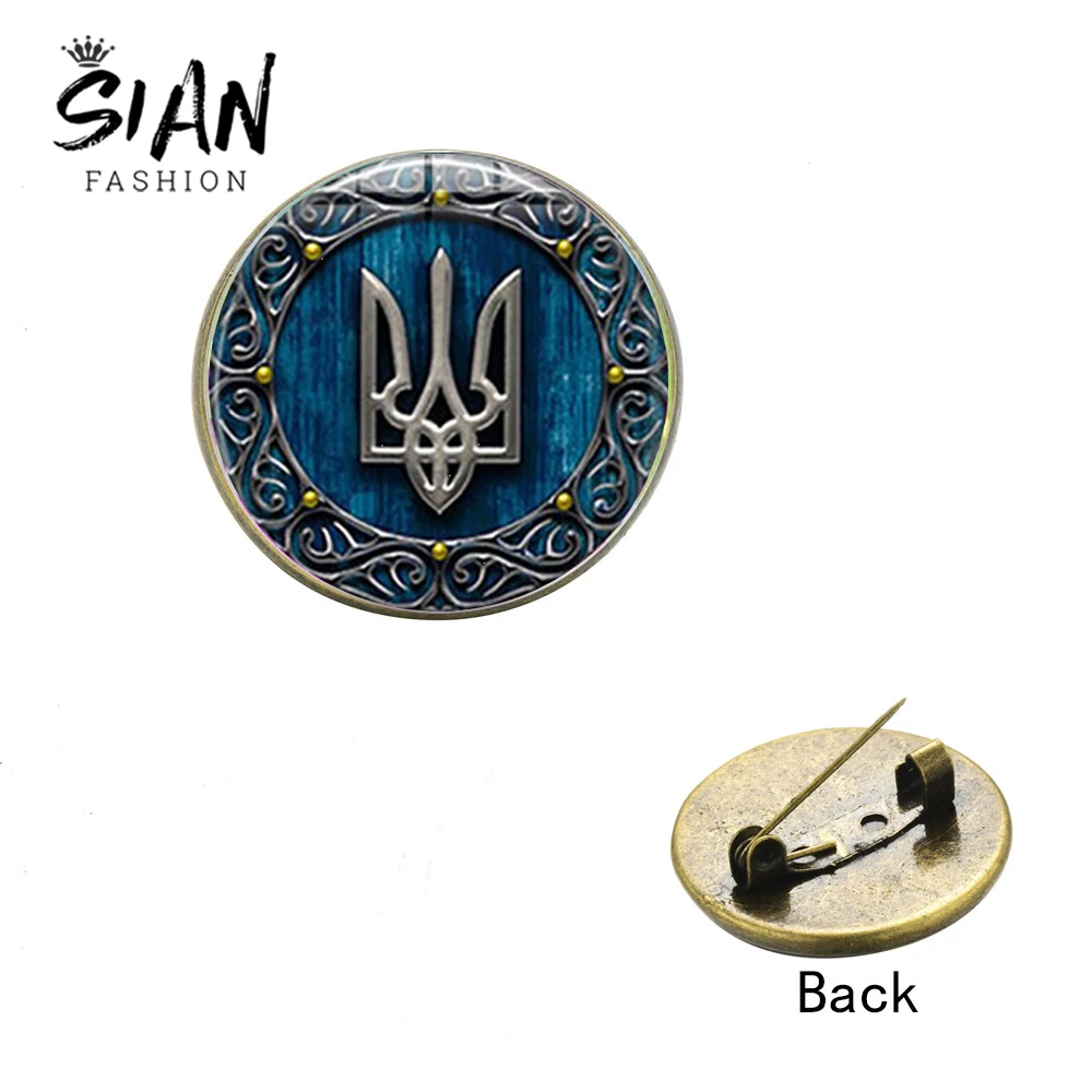 

SIAN Trident Badge Brooch Tryzub Vintage Rune Pattern Symbol Glass Round Gem 3 Styles High Quality Clothes Pins for Men Women