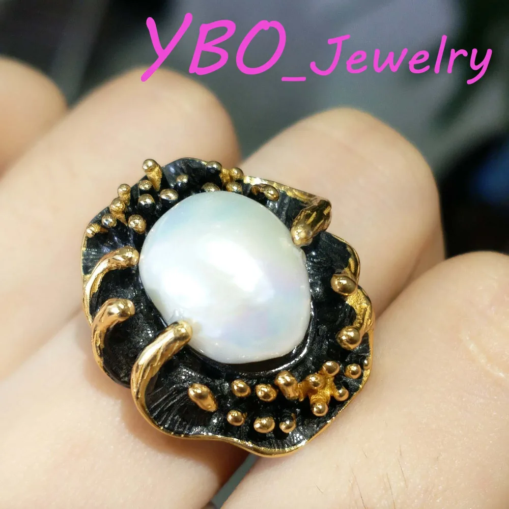 YBO, Big supper ring natural irregular pearl ring in 925 sterling silver with gold plated beautiful hand made hypebole big ring