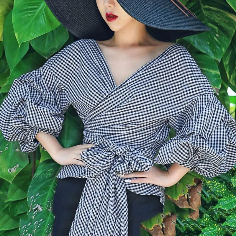 TWOTWINSTYLE Bow Plaid Shirt Female V Neck Lantern Sleeve Lace Up High Waist Pullover Shirts Fashion Spring Sweet Clothing |