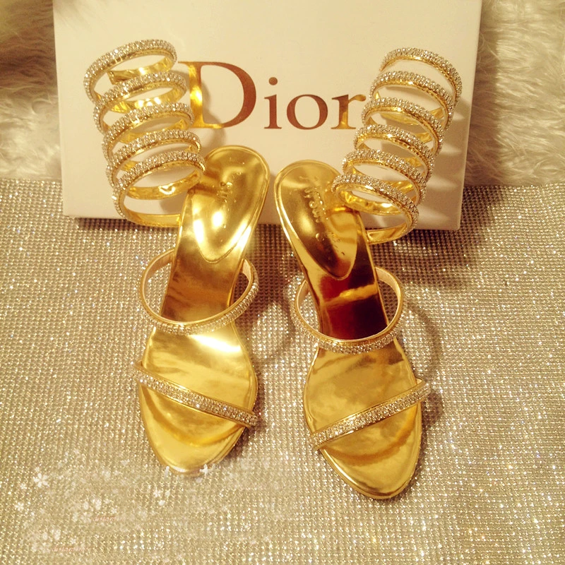 Женские босоножки со стразами золотистые туфли на высоком каблуке туфли-лодочки