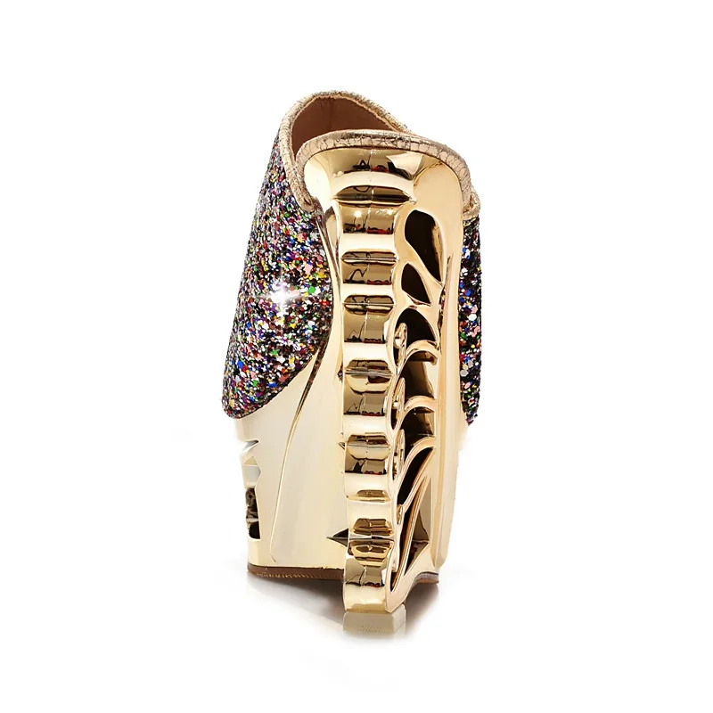 Женские блестящие шлепанцы на танкетке с вырезами платформе высоком каблуке