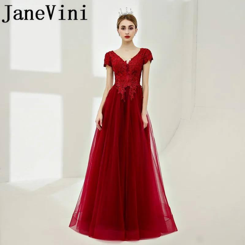 

JaneVini Burgundy Beads Long Bridesmaid Dresses V-Neck Lace Appliques Backless Floor Length Wedding Guest Party Gowns Prom Wear