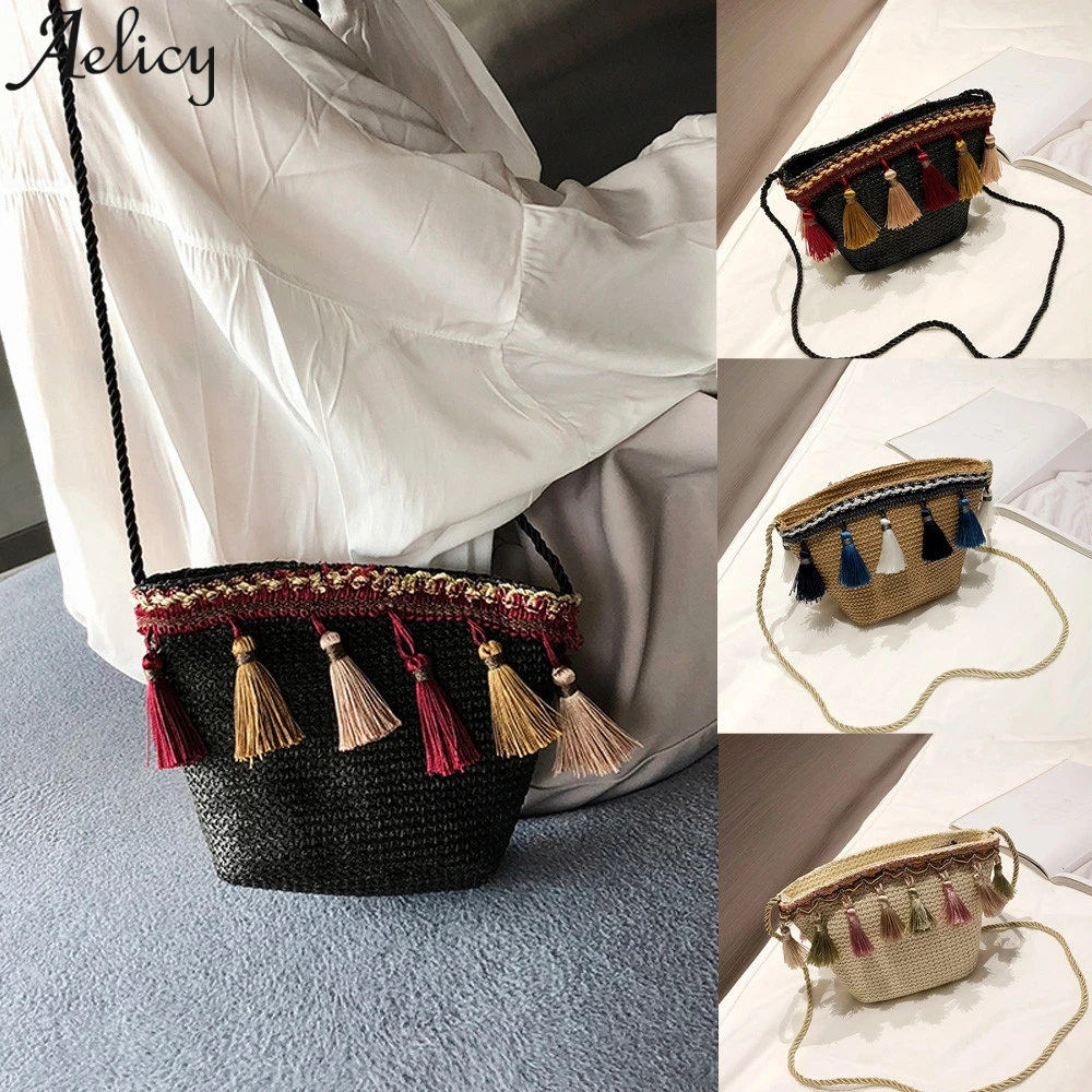 Женские сумки через плечо Aelicy плетеные с кисточками пляжная сумка для мобильного