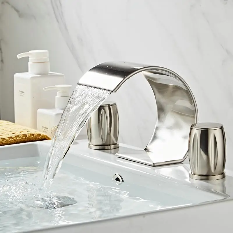 Basin Faucet Brass Nickel Brushed Deck Mounted Waterfall Sink Mixer 3 Hole Double Handle Hot and Cold Water Tap | Обустройство дома