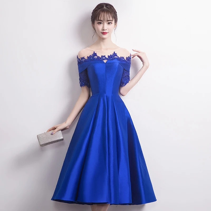 Распродажа элегантное вечернее платье синее с глубоким вырезом рукавами