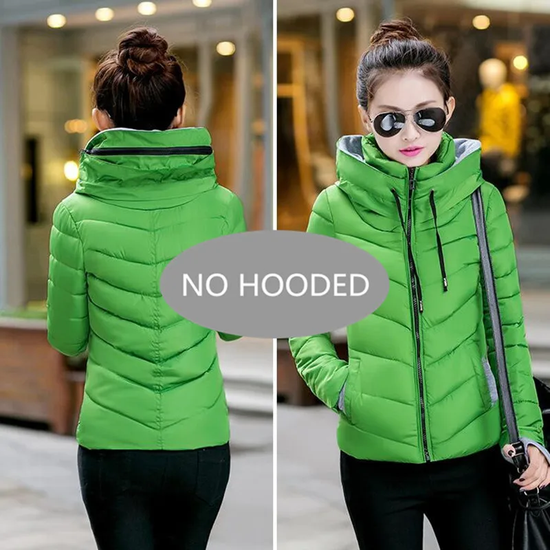 Green--No Hooded Женская зимняя куртка с капюшоном, короткая, с хлопковой подкладкой, Женское пальто, осень, casaco feminino inverno, однотонная парка, воротник-стойка - Цвет: Green--No Hooded