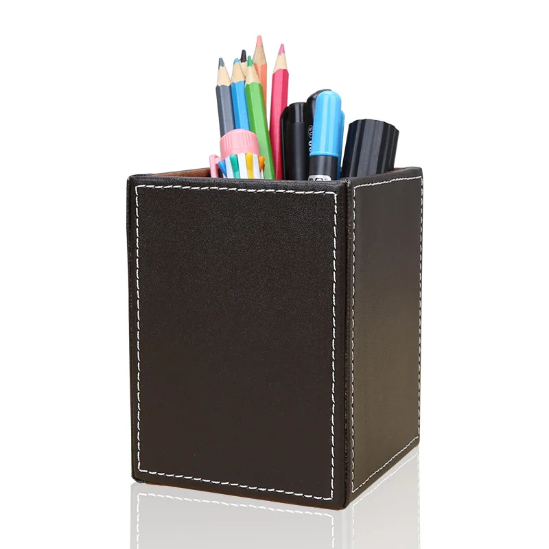 

Square PU Leather Pen Pencil Holder Desk Organizer Office Desk Accessories A220 Pen Pot Pencil Box