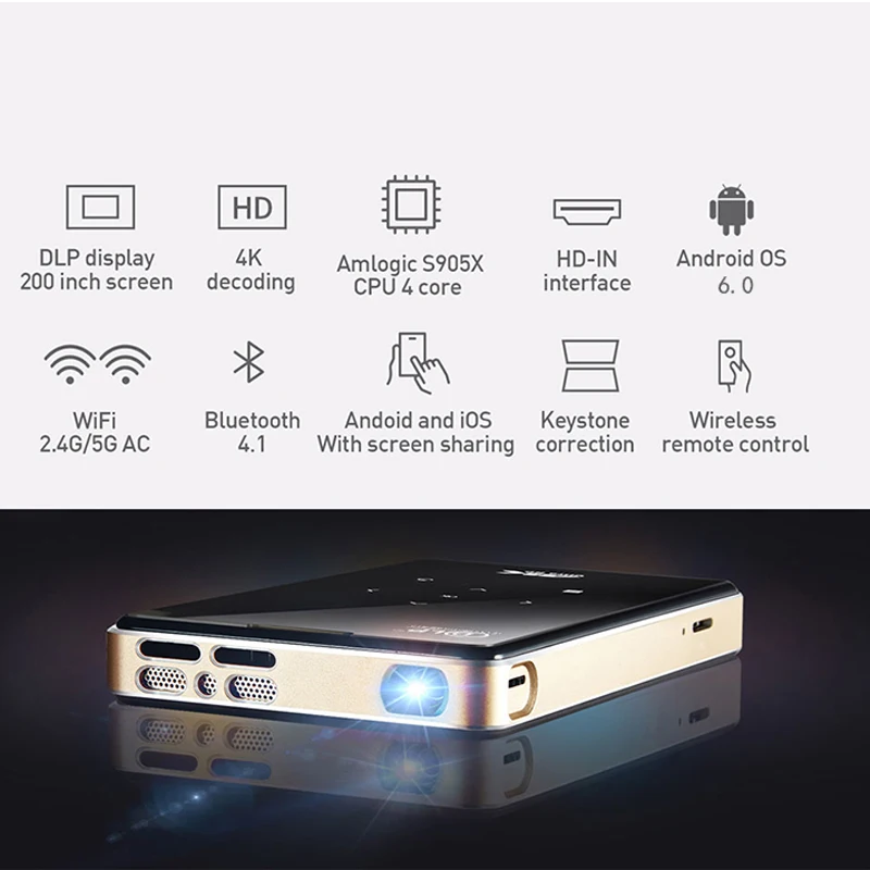 Proiettore tascabile 4 k dlp mini C6 proiettore 50 люмен Android 6 0 четырехъядерный двухдиапазонный wifi vs h96-p