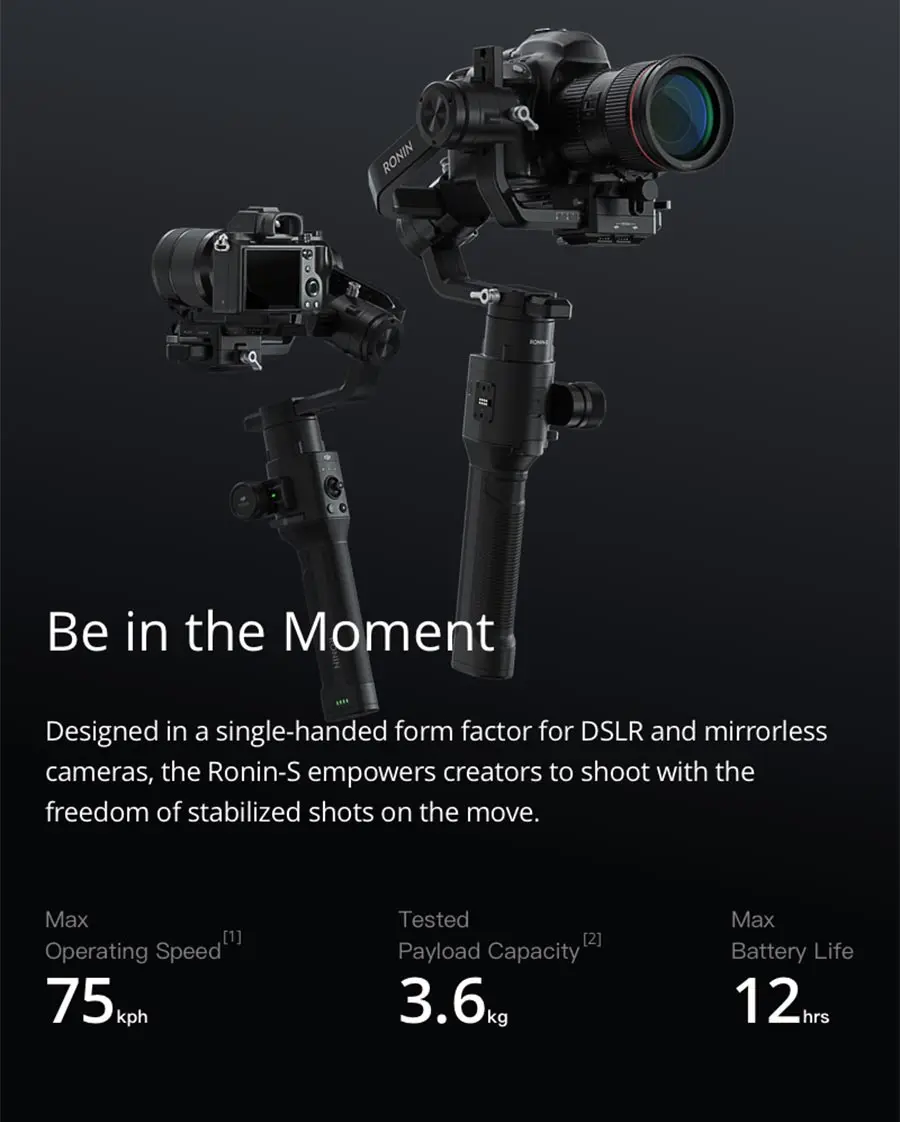 DJI Ronin-S Улучшенный 3-осевая стабилизация Камера Управление 3,6 кг тестирование нагрузки Ёмкость Max Срок службы батареи 12hrs Ronin S
