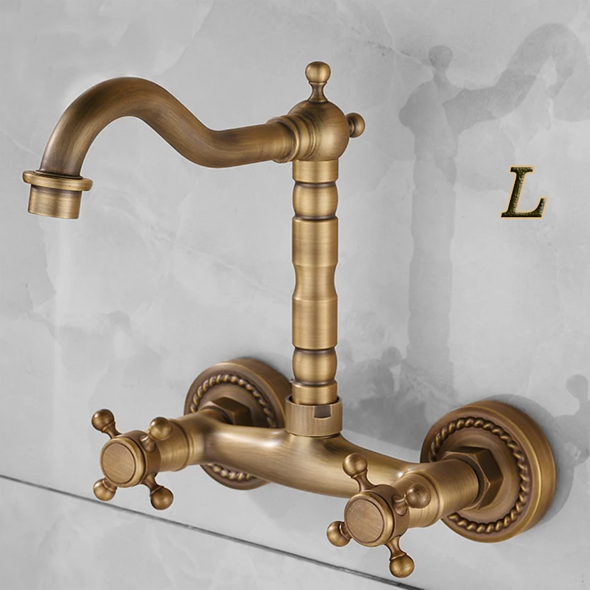

Basin Faucets Antique Brass Wall Mounted Kitchen Bathroom Sink Faucet Dual Handle Swivel Spout Hot Cold Water Tap with tow pipe