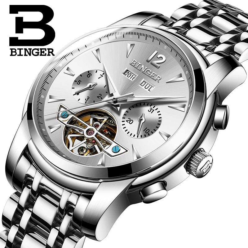 2017 New Mens Automatic Watch Personality Tourbillon Design Stainless Steel Strap Business Leisure Wristwatch BINGER B-8608