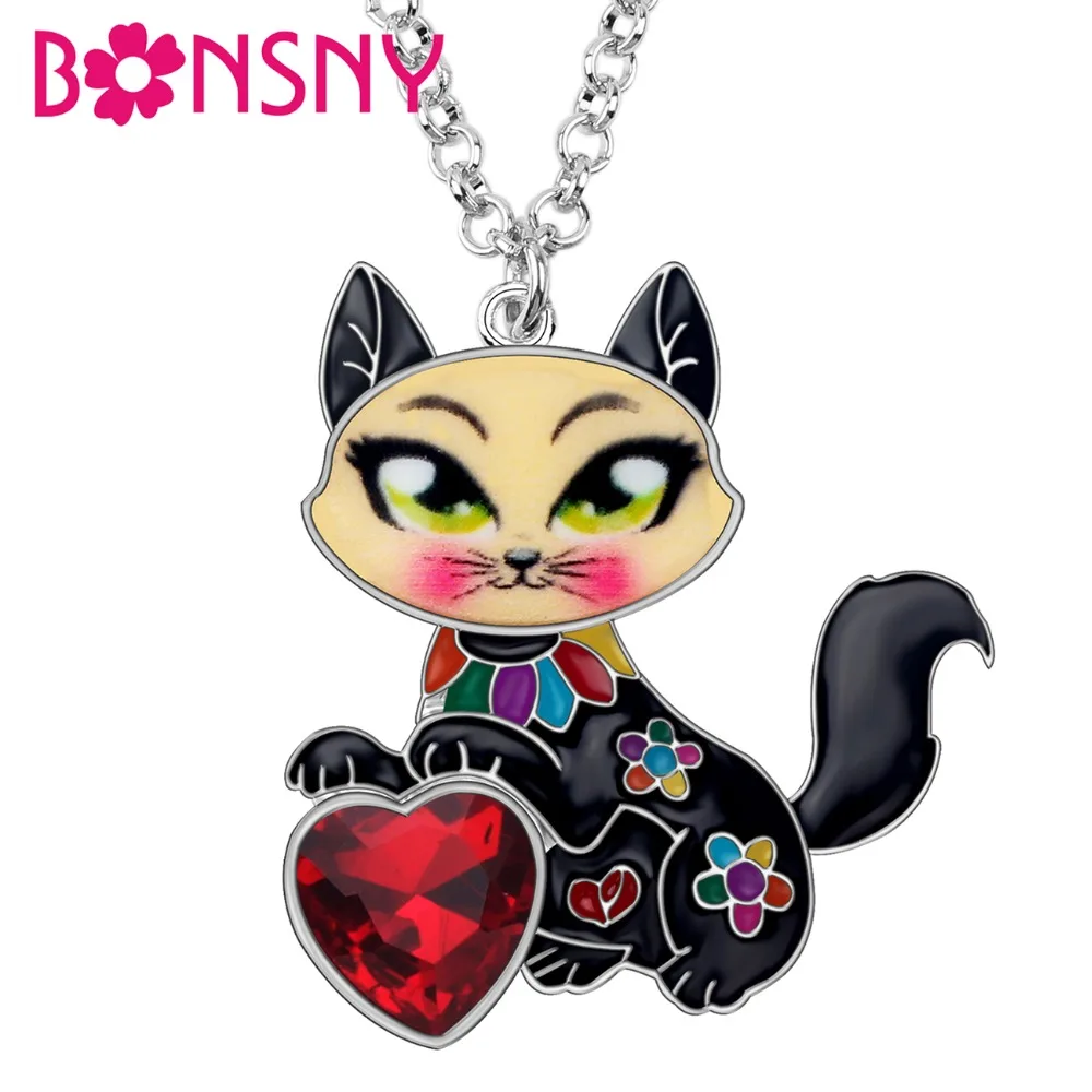

Bonsny Enamel Alloy Crystal Rhinestone Floral Cat Necklace Pendant Chain Cute Animal Pets Jewelry For Women Girls Teens Gift New