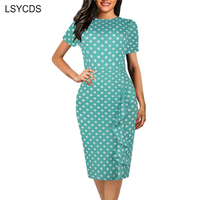 LSYCDS 2020 Summer Bodycon Dresses for Woman Elegant Casual Office Dress Short Sleeve Knee Length Pencil Polka Dot | Женская одежда