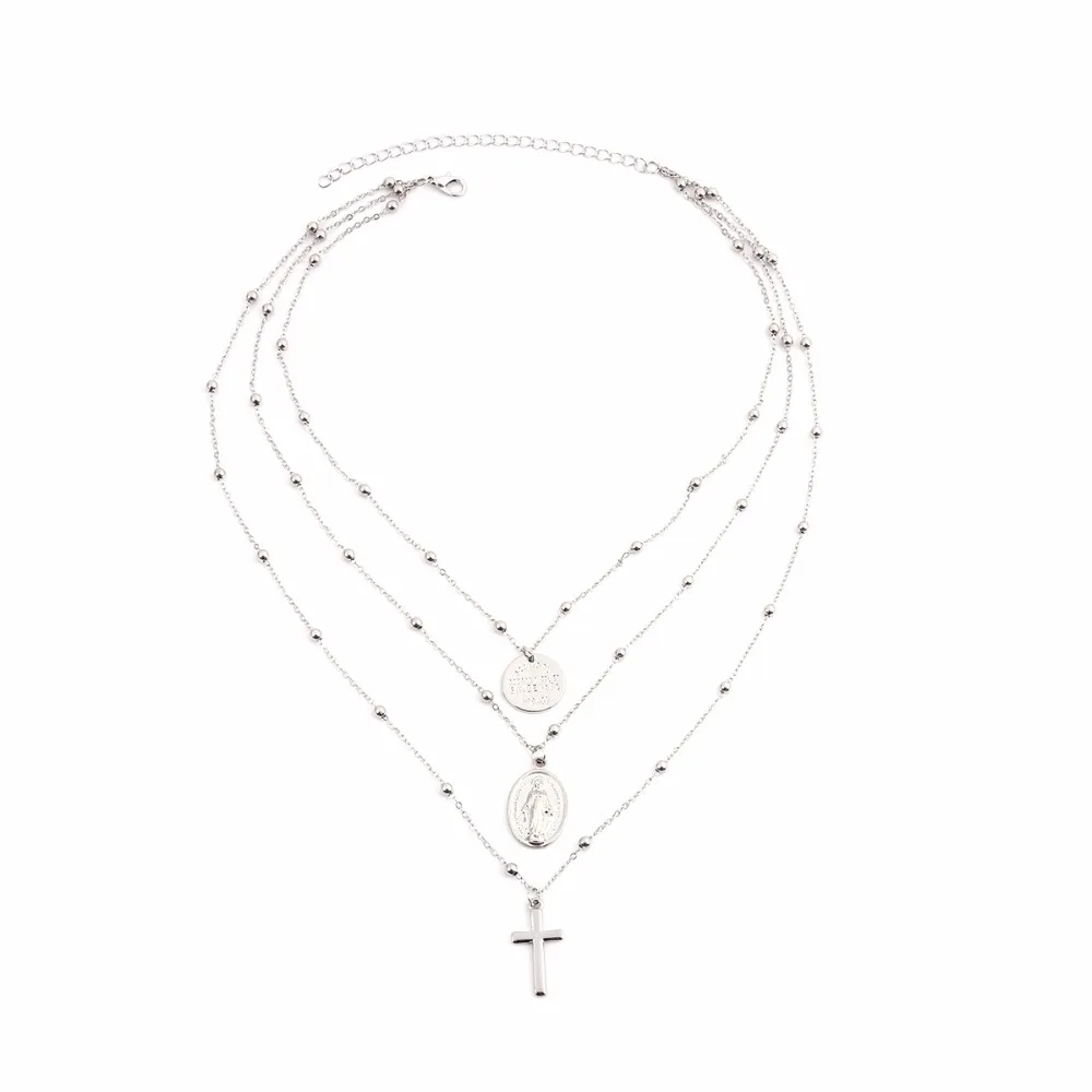 

Ingesight Multilayer Cross Virgin Mary Pendant Beads Chain Christian Necklace Goddess Catholic Choker Necklace Collier for Women