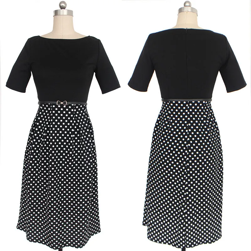 Ladies Dresses Summer New Dots Elegant Stylish Slim Tunic Short Sleeve Knee Polyester Fibers |