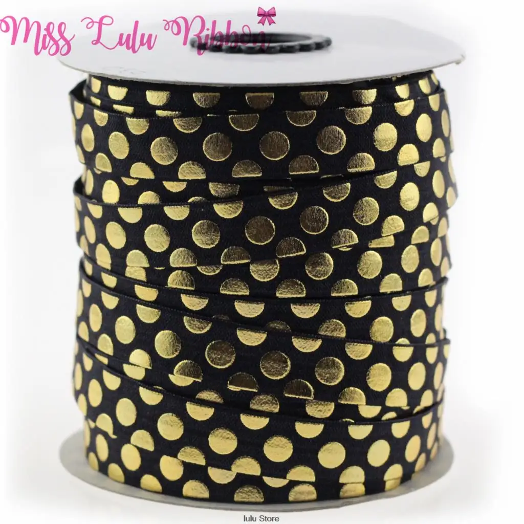5/8&quot16mm(1.5cm) white gold foil polka dots printed fold over elastic ribbon glitter band handmade hair bows sewing tool 50 yards | Дом и