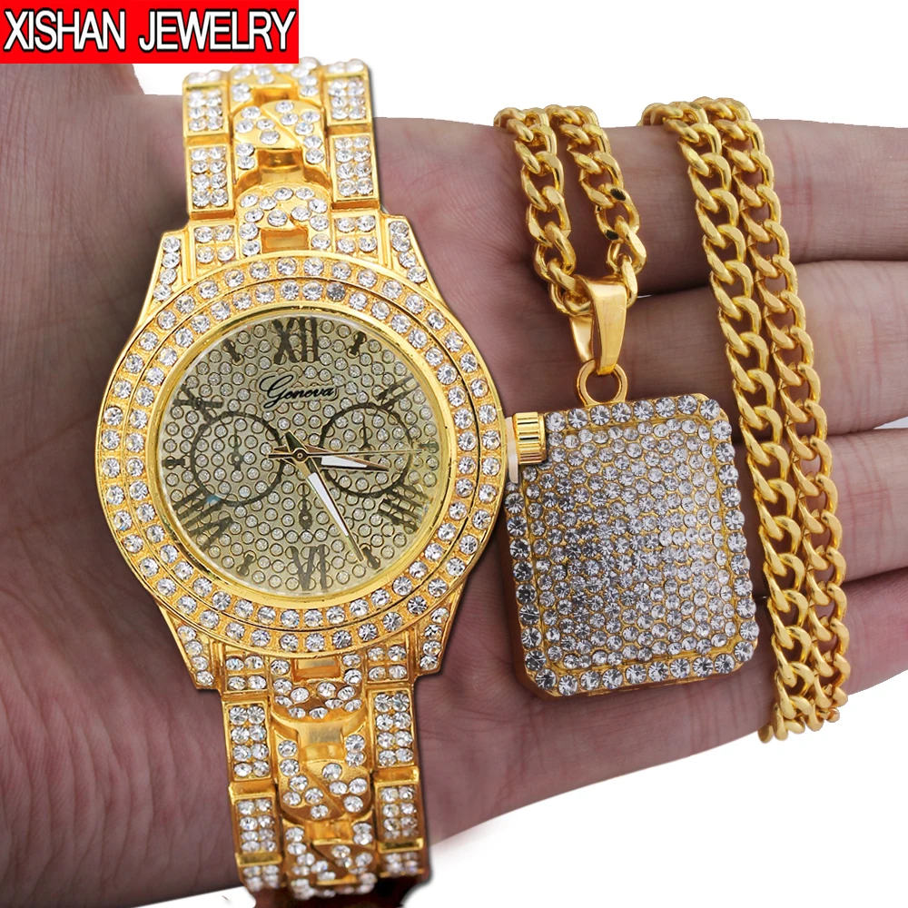 Мужские Роскошные блестящие камни хип-хоп Iced Out Часы& Iced квадратный Dog Tag ожерелье комбинированный набор