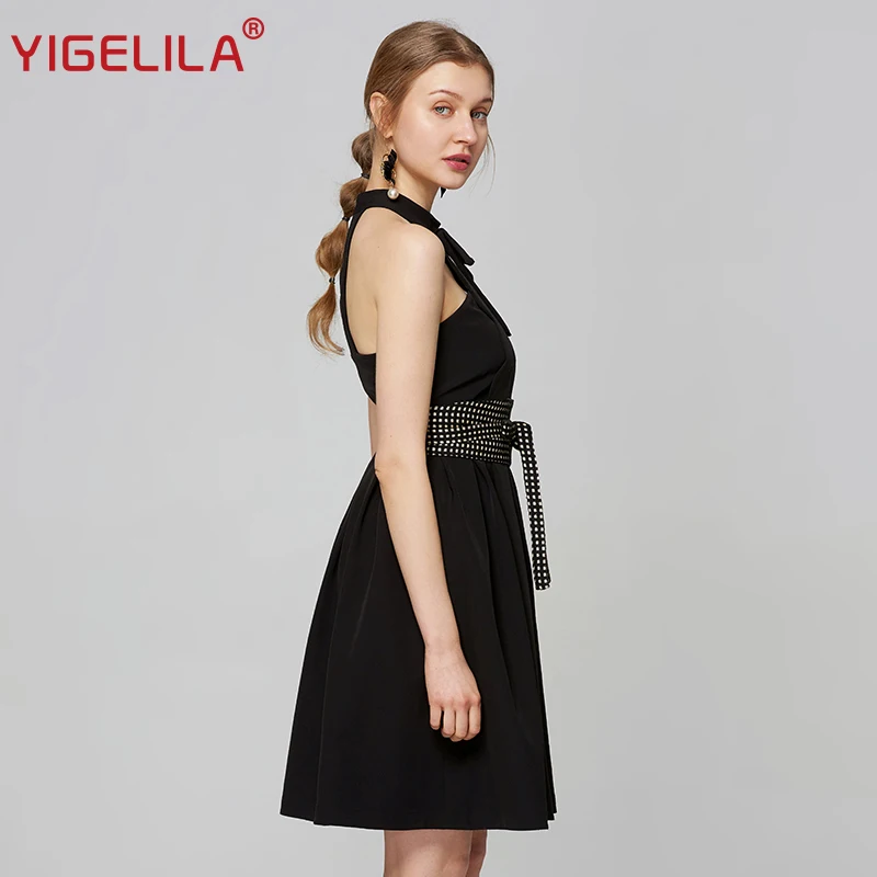 YIGELILA модное женское черное платье с лямкой на шее однотонное приталенное