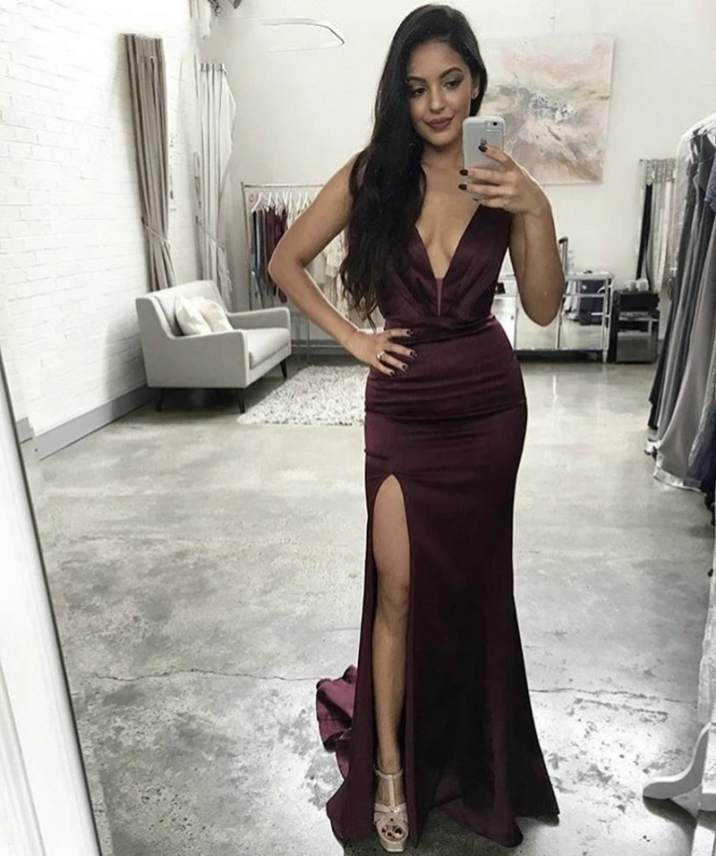 

2021 New Sexy Cheap Multicolor Evening Gowns V-neck Side Slit Spaghetti Straps Mermaid Satin Dresses Backless Robe De Soiree