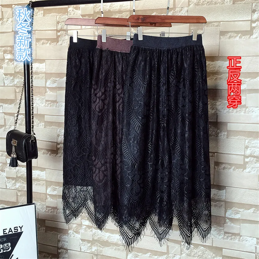 Кружевная трикотажная юбка WZ708 теплая Женская с высокой талией и поясом по бокам