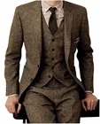 Мужской твидовый костюм из 3 предметов, коричневый строгий деловой костюм, нежный мужской свадебный костюм для жениха, Блейзер, костюм (пиджак + брюки + жилет)