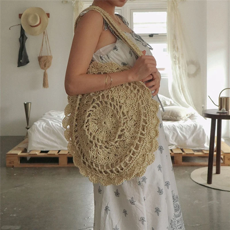 Sun Flower Beach Tote Bag Soft Paper Rope Crochet Round Straw Boho Retro Foldable Shoulder Travel Rattan For Women | Багаж и сумки