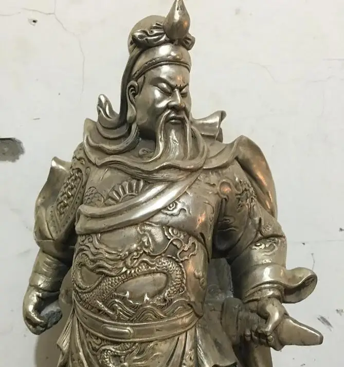 15&quot Chinese Folk Silver carved Dragon Kuan Kung Guan Gong GuanYu warrior statue | Дом и сад
