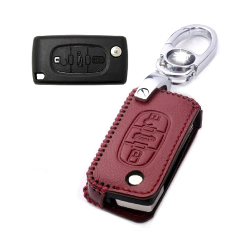 

Genuine PU Leather Remote Key Bag Case Fob Holder Chain For Peugeot/Citroen Series B