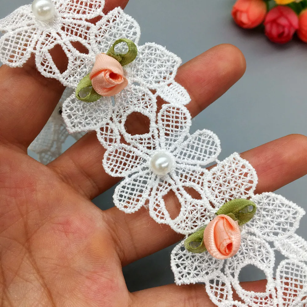 2 Yard Vintage Polyester Pink Flower Leaves Pearl Fabric Lace Trim Wedding Dress Ribbon Embroidered Applique Sewing Crafts | Дом и сад
