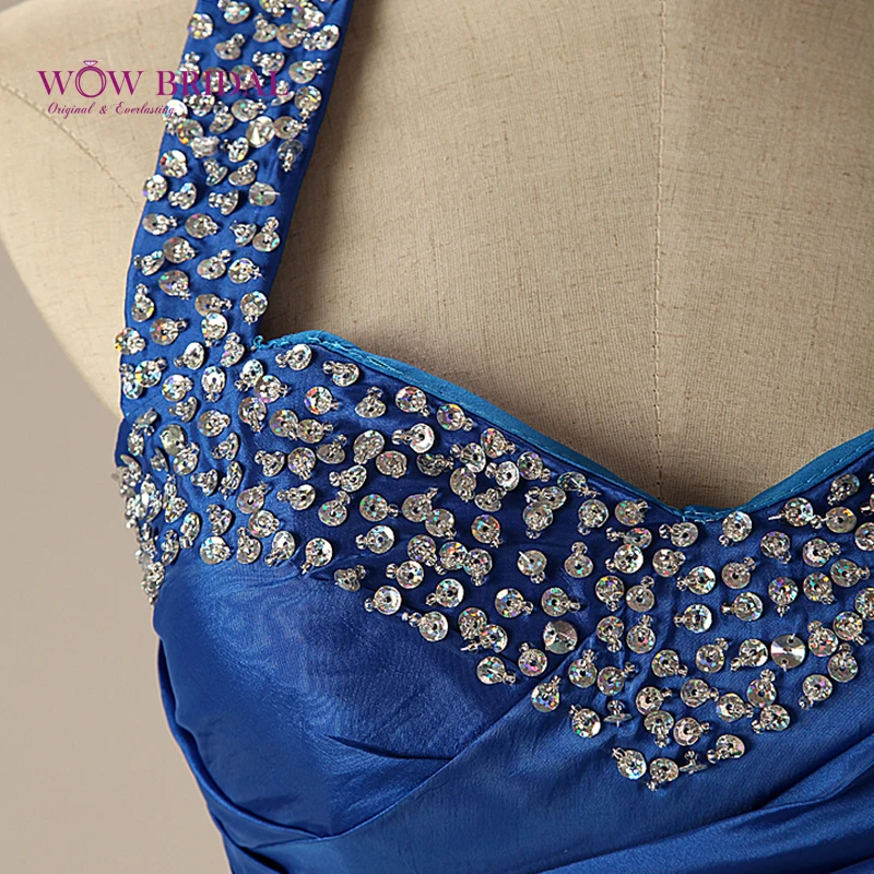 Wowbridal Элегантное синее платье для матери невесты 2021 с лямкой через шею Блестками
