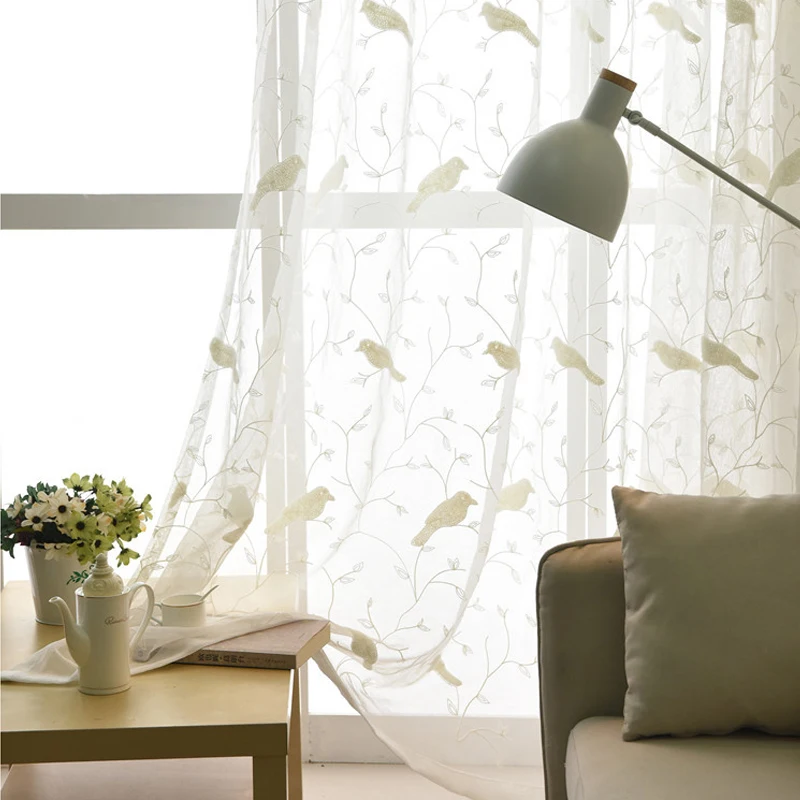Современная птица вышитые Sheer Тюль Шторы для гостиная белая вуаль органза