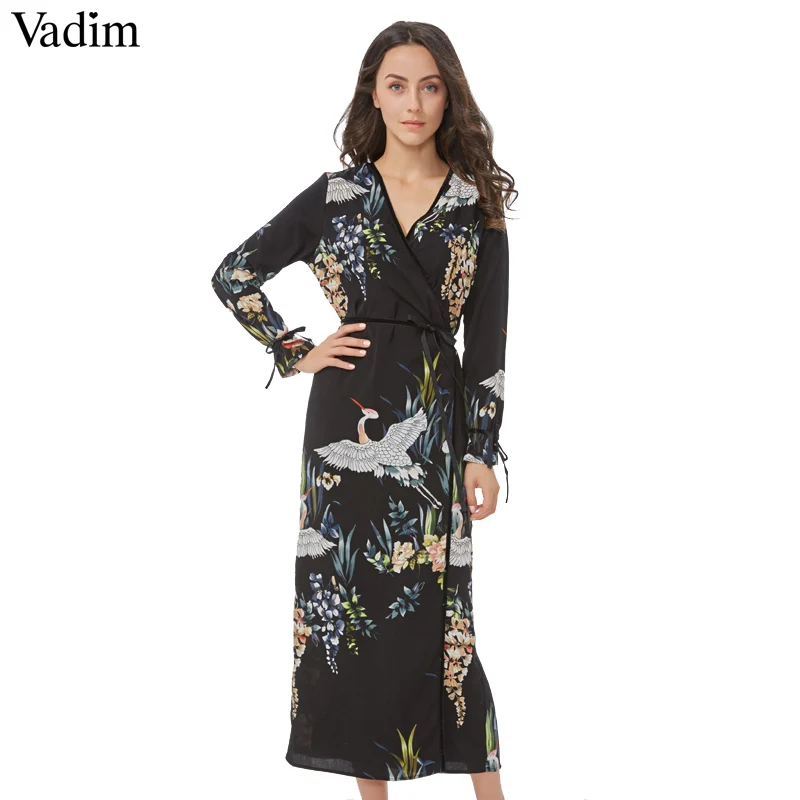 Vadim flower crane pattern maxi wrap dress v neck retro sashes bow tie long sleeve vintage bird chic loose casual Vestidos | Женская