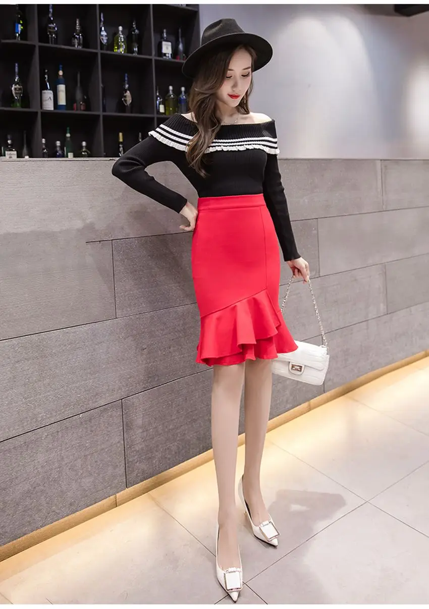 SEXMKL Faldas Mujer Moda Весна Лето юбки женские Высокая талия оборки черная юбка красная офисная юбка карандаш размера плюс Jupe