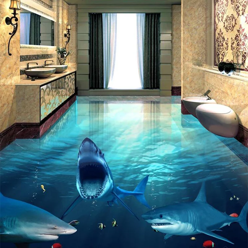 3D Floor Wallpaper Modern Shark Submarine World Murals PVC Self-Adhesive Waterproof 3D Tiles Floor Stickers Bathroom Wallpapers