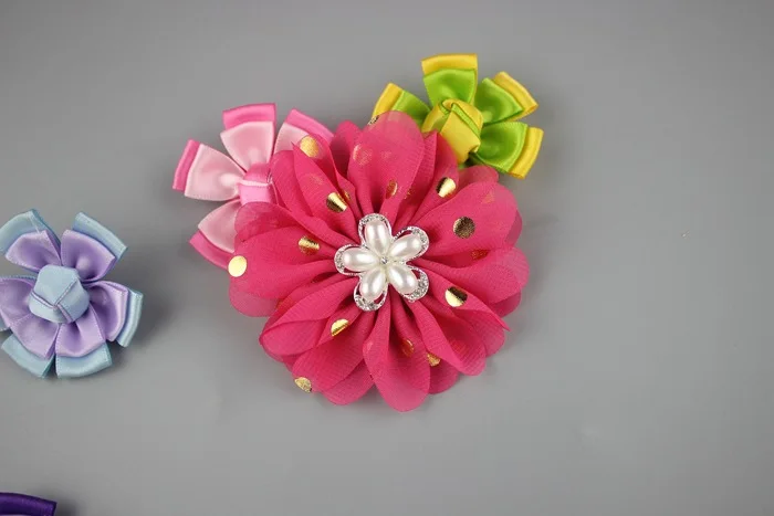 24 шт./лот цветок с оборками в виде лепестков жемчугом по центру цветы из шифоновой