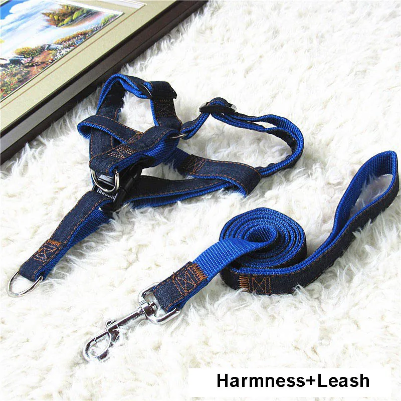Blue harness Горячие продажи джинсовый и нейлоновый ошейник для собаки/Жгут+ поводок наборы 120 см длинный поводок жгут и ошейники цепь кошка веревка чокер собаки - Цвет: Blue harness