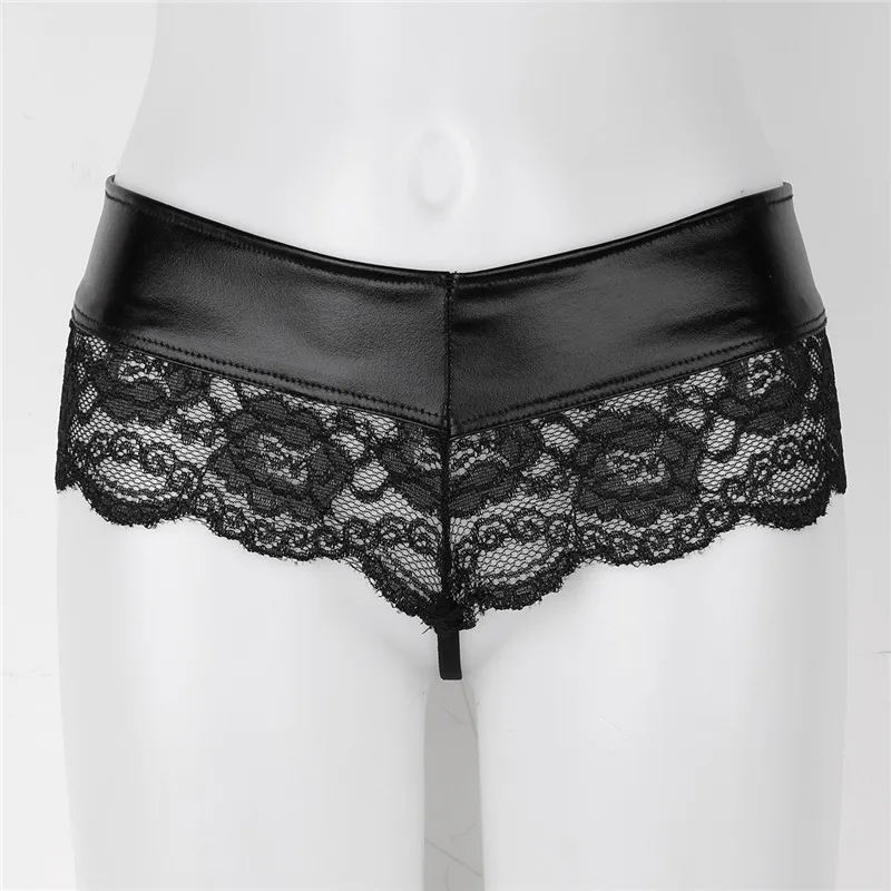 MSemis Women Sexy Open Butt Lingerie Floral Lace Splice G-string Thong Crotchless Bikini Leather Underwear Women Sexy Panties
