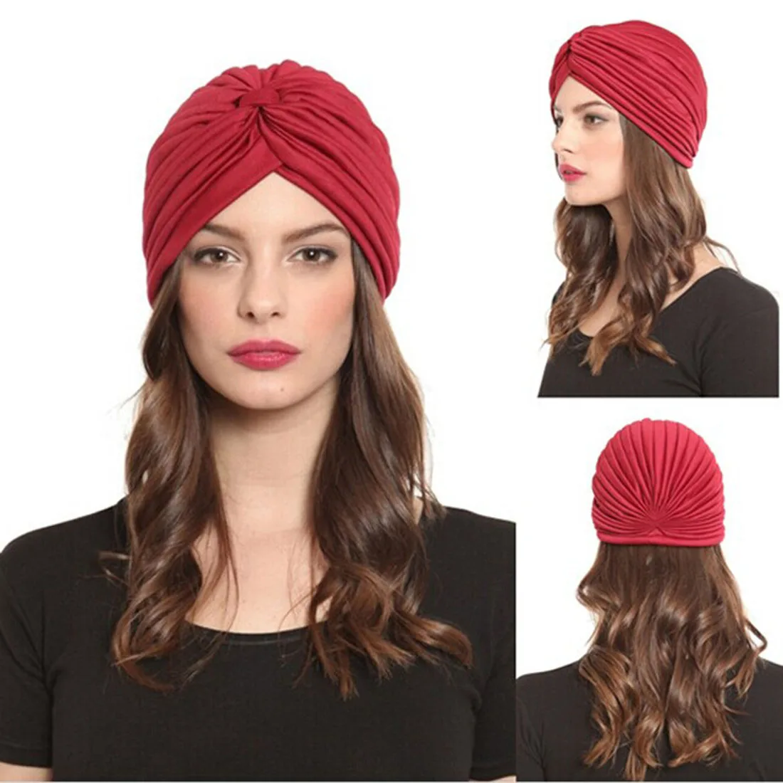 

Stretchy Turban Muslim Hat Bandanas Headband Wrap Chemo Hijab Knotted Indian Cap Ethnic Solid Color Bandanas Harajuke Headwear