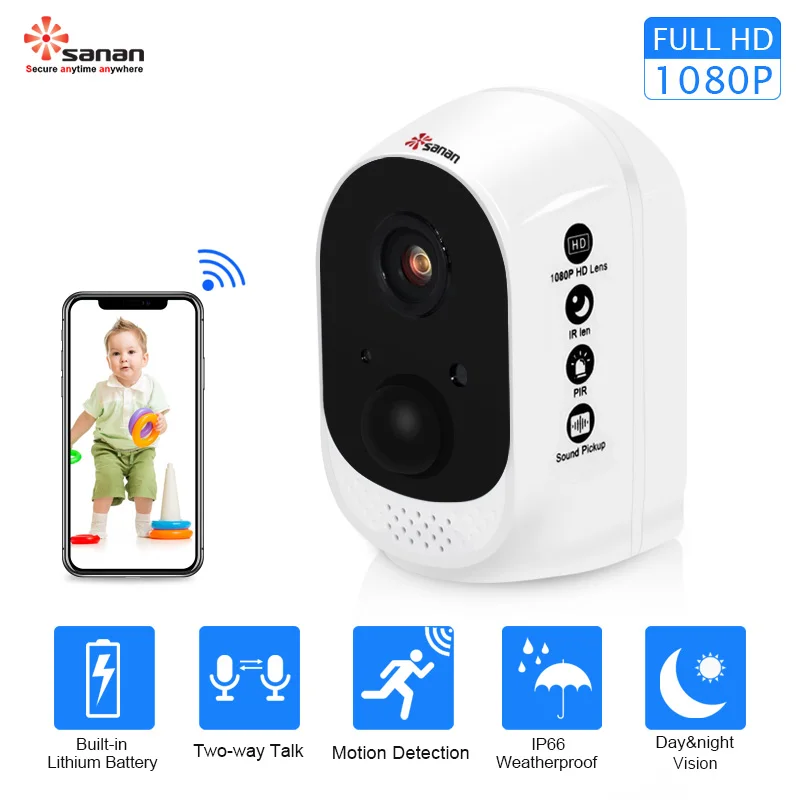 Sanan перезаряжаемая батарея с питанием от ed Wi-Fi камера 1080P Водонепроницаемая HD батарея наблюдения Wifi Камера PIR низкая мощность домашняя камера