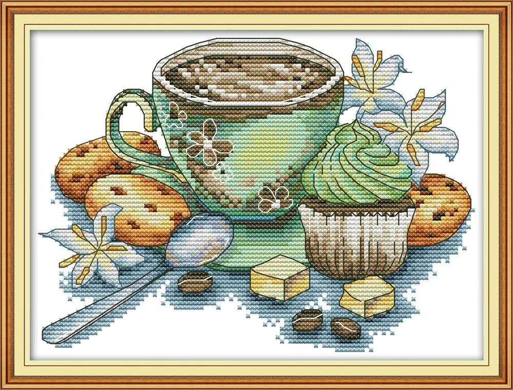 

Teacup and cake 2 cross stitch kit aida 14ct 11ct count print canvas stitches embroidery DIY handmade
