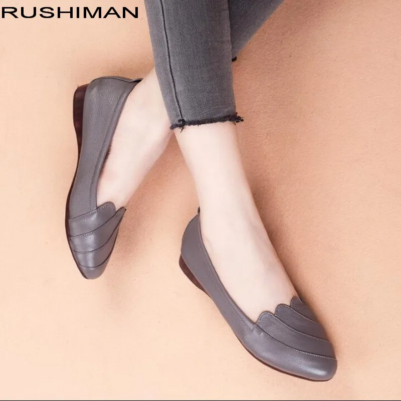 

RUSHIMAN Genuine Leather Flat Shoes Real Leather Handmade Flats Loafers Female Solid Comfortable Casual Work Mother Shoes